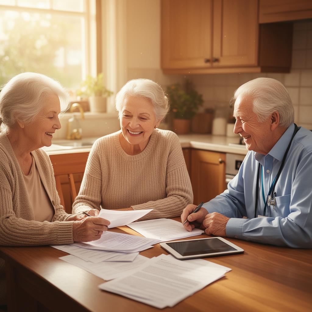 A friendly case manager reviewing paperwork with an elderly couple